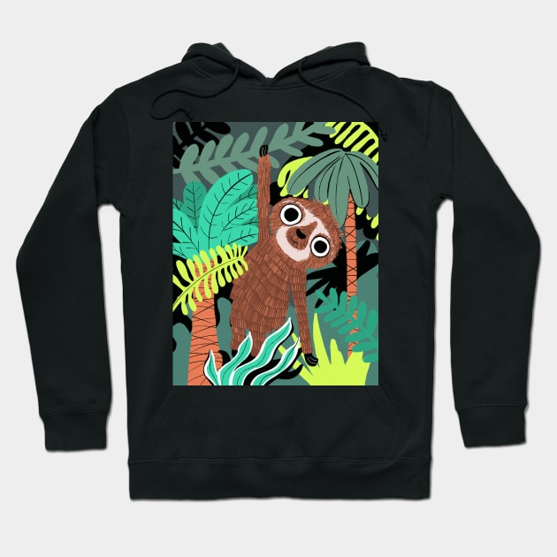 Hanging sloth in jungle Hoodie by Doodle Workshop